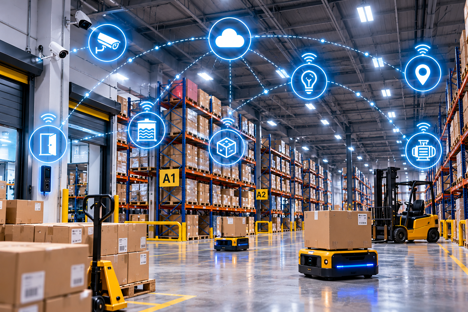 Warehouse with industrial racks and connected equipment