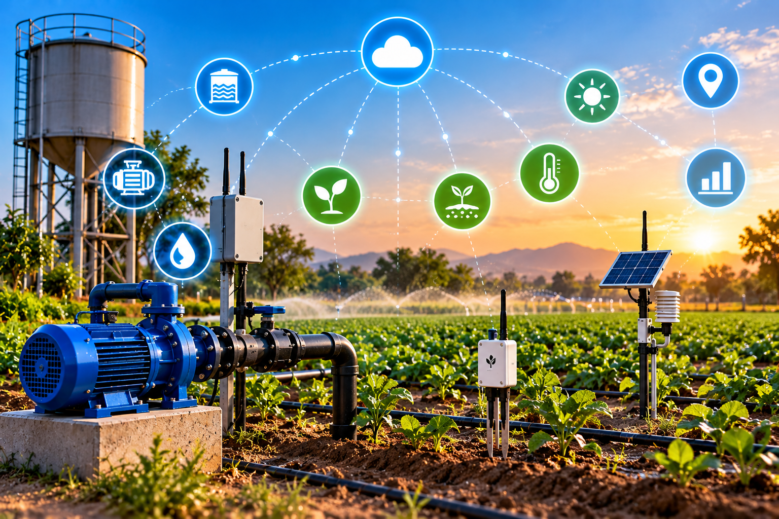 Agricultural field with connected sensors and irrigation equipment